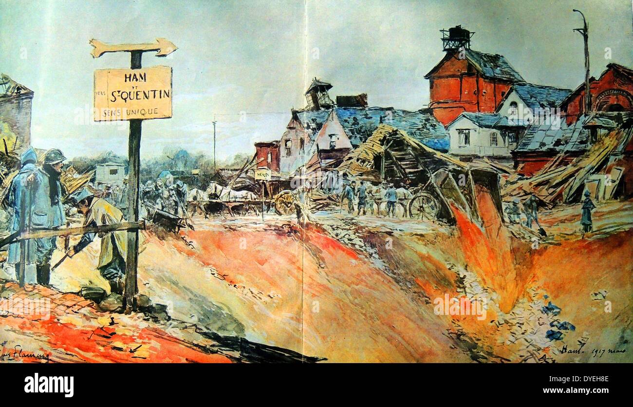 Guerra Mondiale 1 - soldati francesi a lavoro per rimuovere i detriti da una rovina villaggio francese nei pressi di St-Quentin dall artista Francois Flameng 1917. Foto Stock