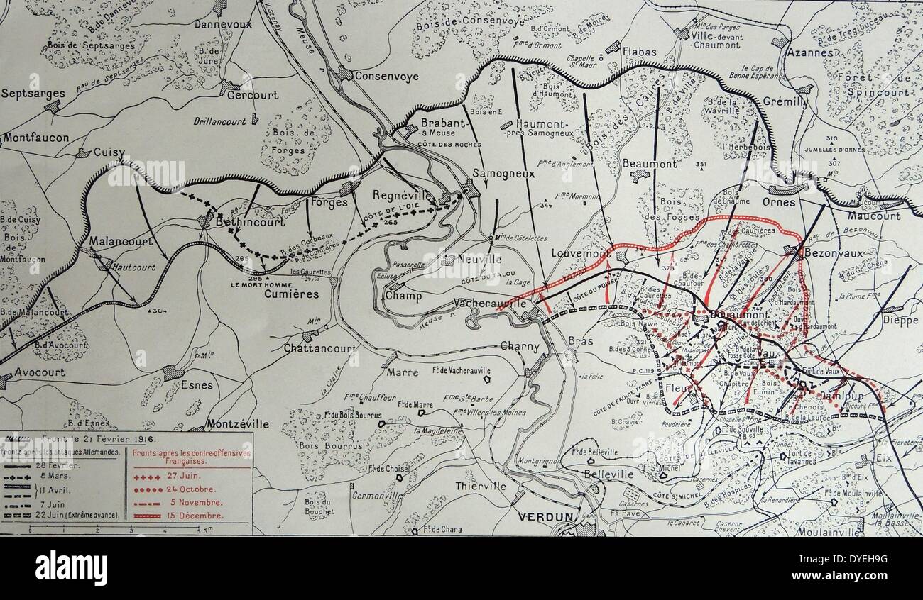 La prima guerra mondiale - La battaglia di Verdun dal 21 febbraio al 18 dicembre 1916 - Francese mappa che mostra le posizioni mutevoli delle forze francesi in rosso, attacco tedesco linee sono mostrate in nero. Foto Stock