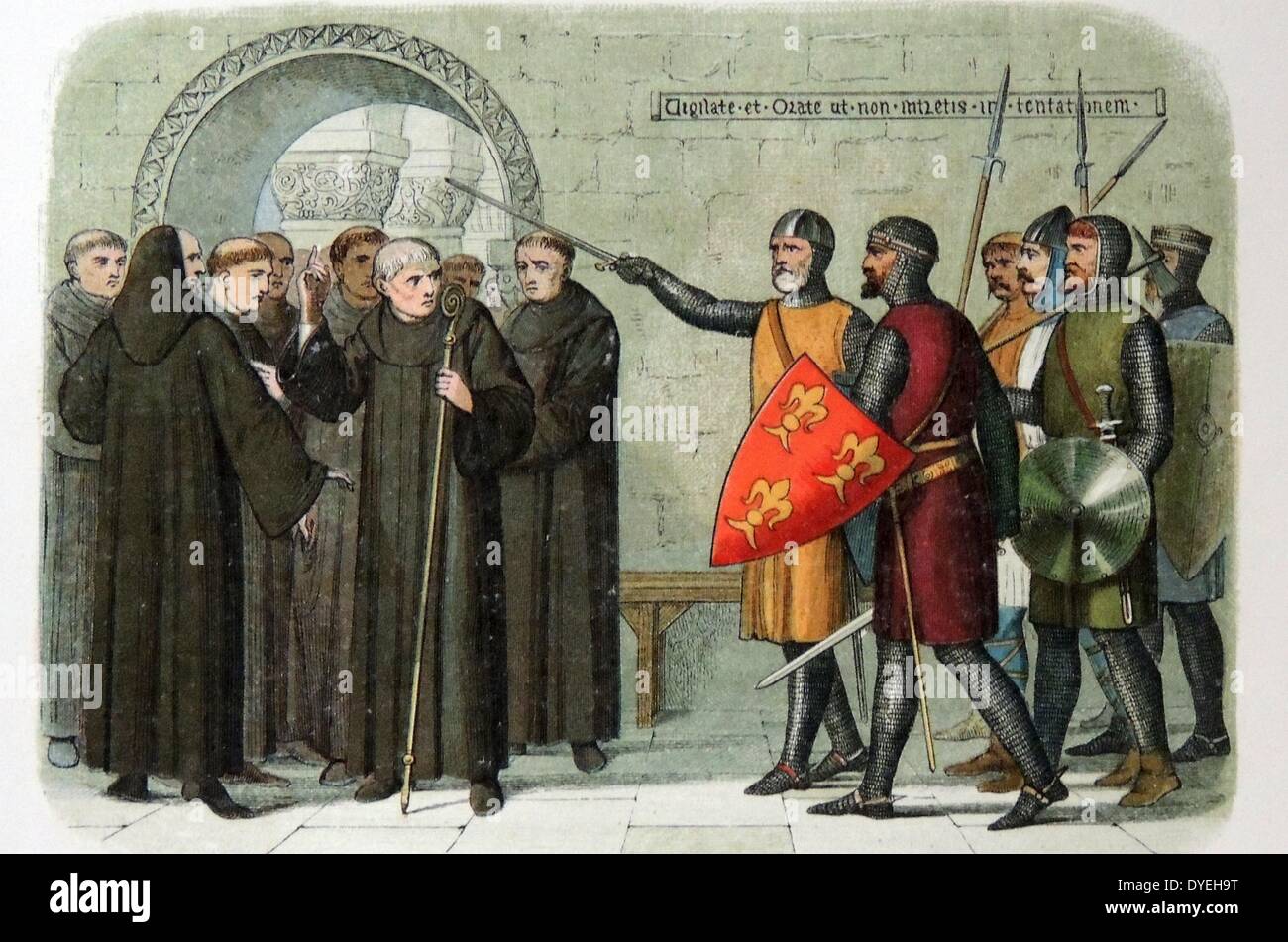 I monaci di Christchurch espulsi. Stephen Langton (c1150-1228) fu Arcivescovo di Canterbury tra il 1207 e la sua morte in 1228 ed è stato una figura centrale nella disputa tra il Re Giovanni di Inghilterra e Papa Innocenzo III, che è stato un fattore determinante per la crisi che ha portato al rilascio di Magna Carta in 1215. Foto Stock