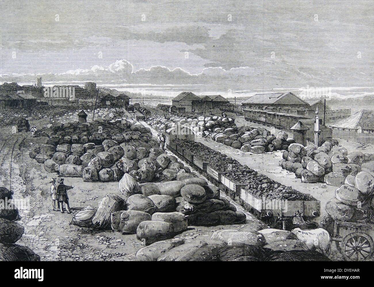 Balle di cotone a Mumbai (Bombay) del fungo per esportare in Gran Bretagna per il Lancashire Cotton Mills per integrare la penuria provocata dalla sbarramento delle porte del sud durante la Guerra Civile Americana. Xilografia, Londra, 1864. Foto Stock