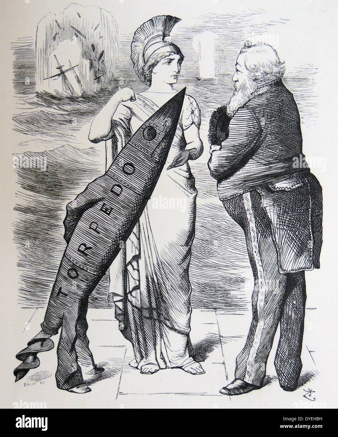 Whitehead siluro: Il governo britannico ha acquistato il diritto di utilizzare l'arma nel 1871 e successivamente effettuato molte prove. John Tenniel cartoon da ''Punch'', Londra, 1877. Foto Stock