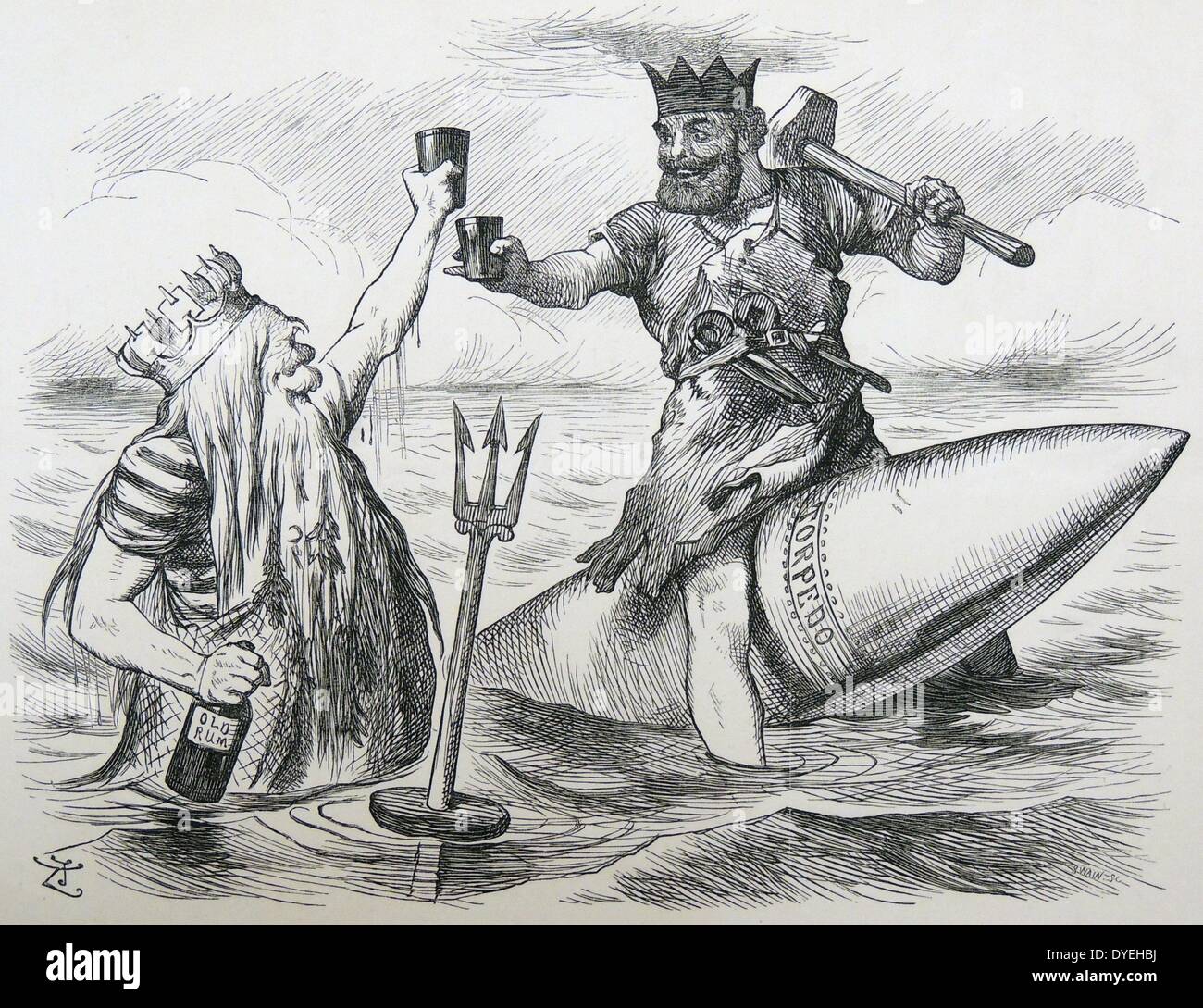 Navale di Spithead review, 1887: Nettuno e Vulcan, a cavallo di un siluro Whitehead, tostatura Queen Victoria al momento del suo Giubileo d oro revisione della flotta. Dal ''Punch'', Londra, 1887. Foto Stock