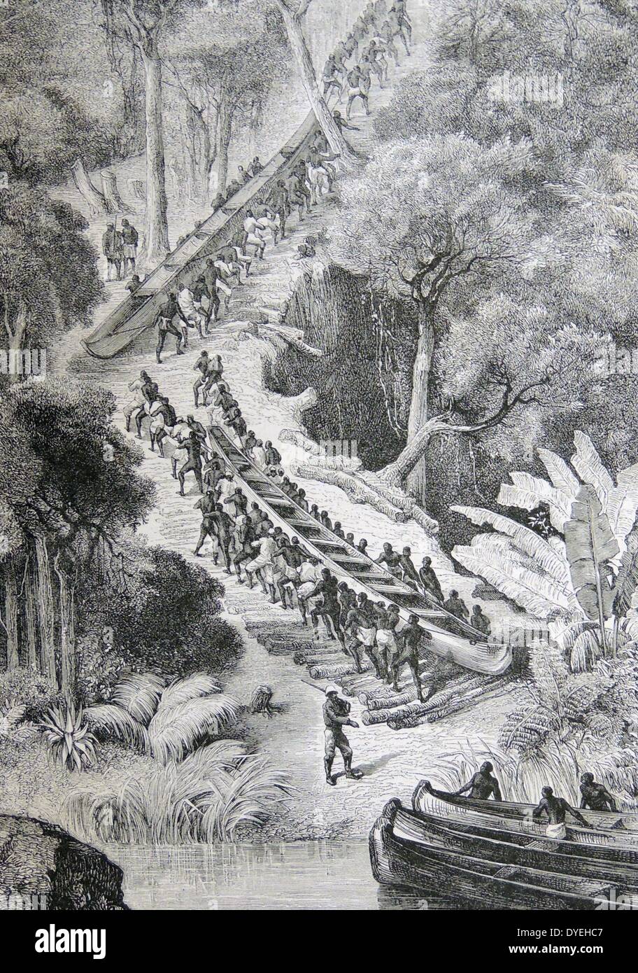 Barche man-gestite round ostacoli durante il Henry Morton Stanley esplorazione del Congo sul suo trans-viaggio africano di 1874-1877. Incisione pubblicato a Parigi, 1882. Foto Stock