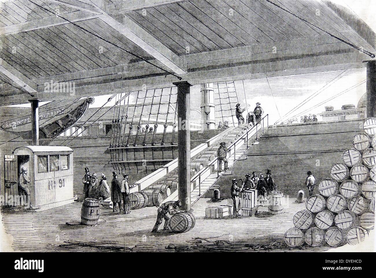 Lancashire cotone carestia: Disposizioni inviato da New York per il mulino invecchiati i lavoratori di Lancashire fuori del lavoro a causa di interruzione delle forniture di cotone dal blocco dei porti del sud. Liverpool, 1863. Durante la Guerra Civile Americana. Foto Stock