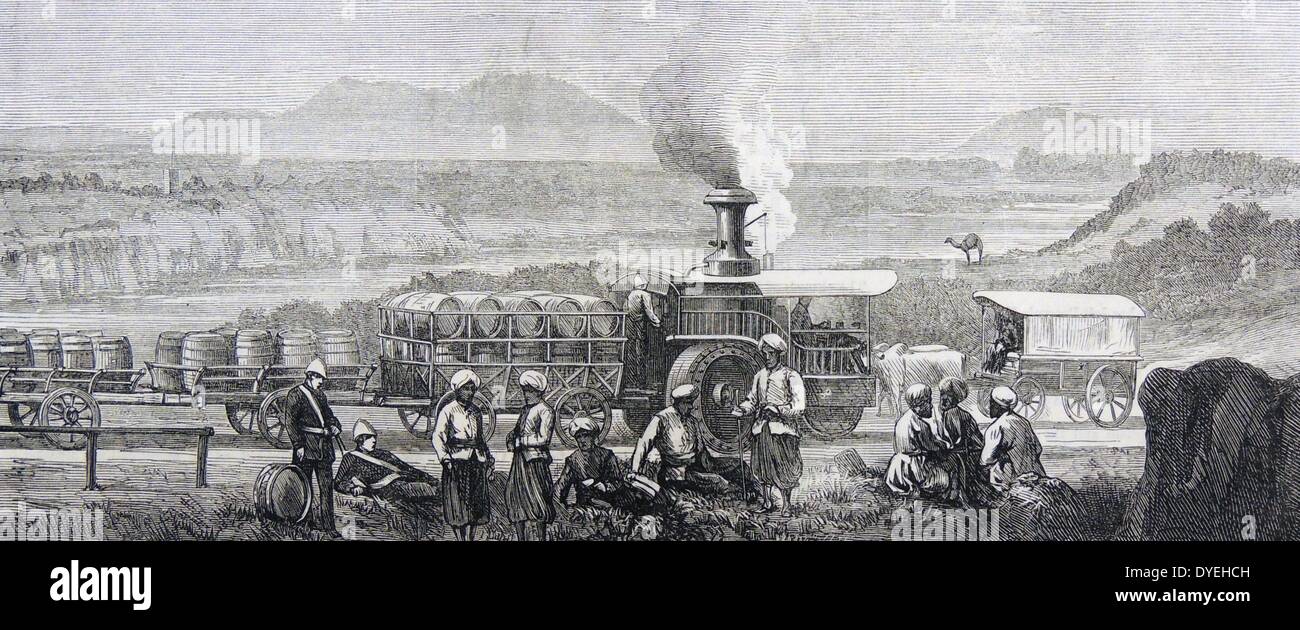 Con trazione a vapore il motore tirando un treno di carri sulla Grand Trunk Road vicino Lawrencepore, India. Xilografia, Londra, 1873. Foto Stock