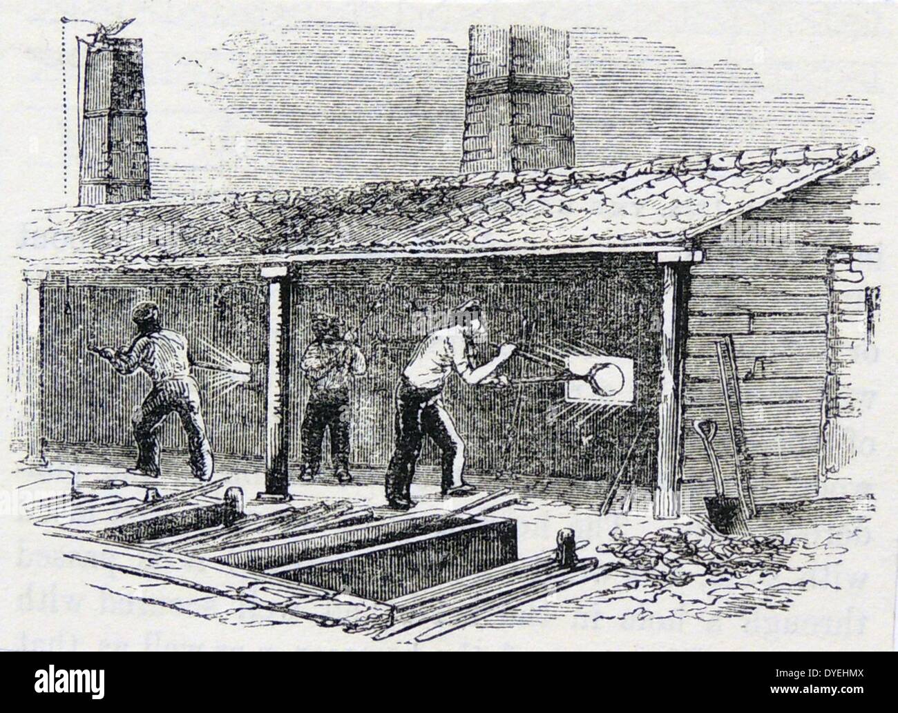 Copertura forno: Uomo sulla sinistra è la remata ghisa per rimuovere il carbonio e ossigeno. Uomo sulla destra è la rimozione di sfera (bloom) di ferro battuto. Incisione, Londra, 1866. Foto Stock