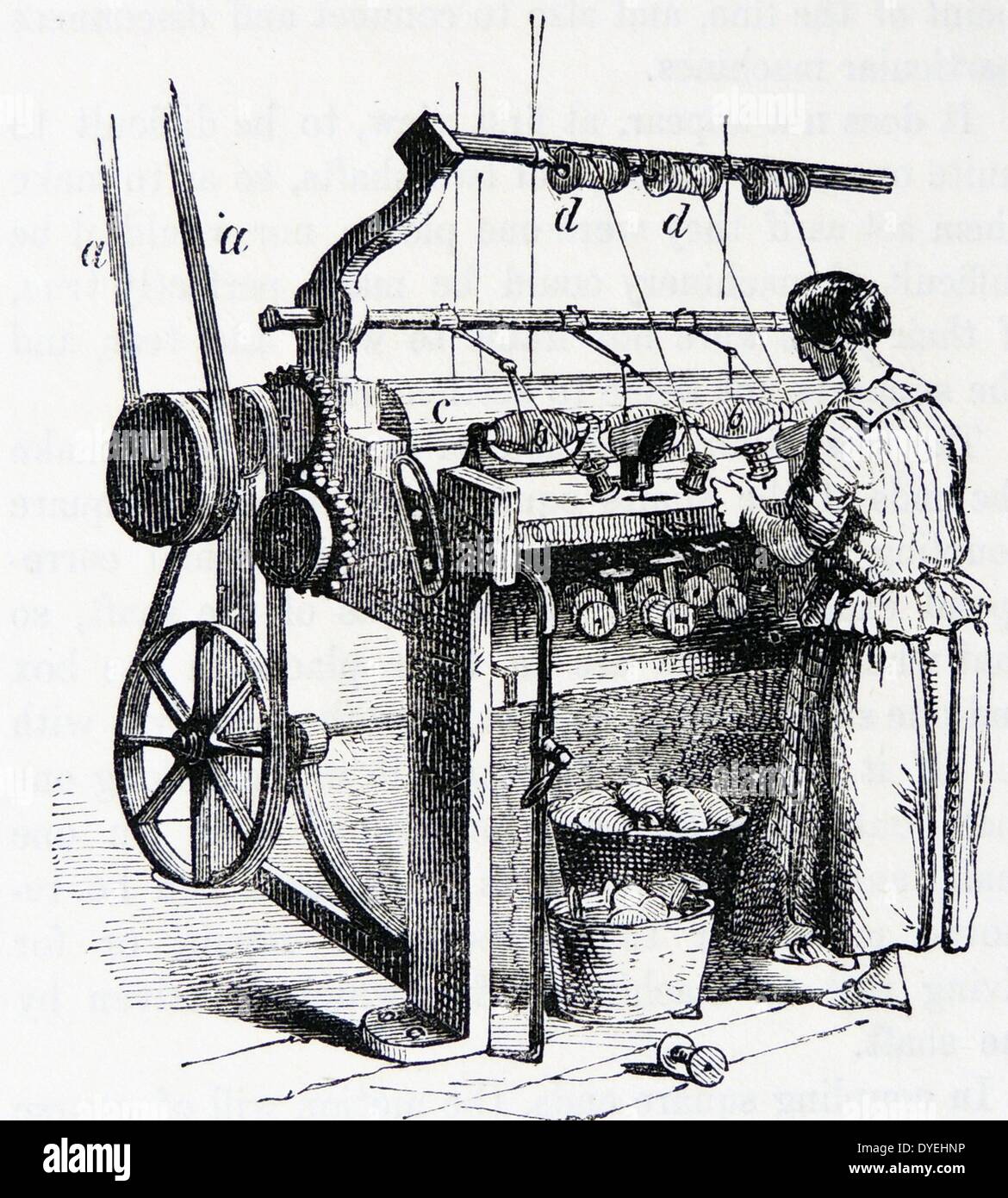 La gassificazione o la gasatura di filo di cotone per rimuovere i residui di fibre. Incisione, Londra, 1866. Foto Stock