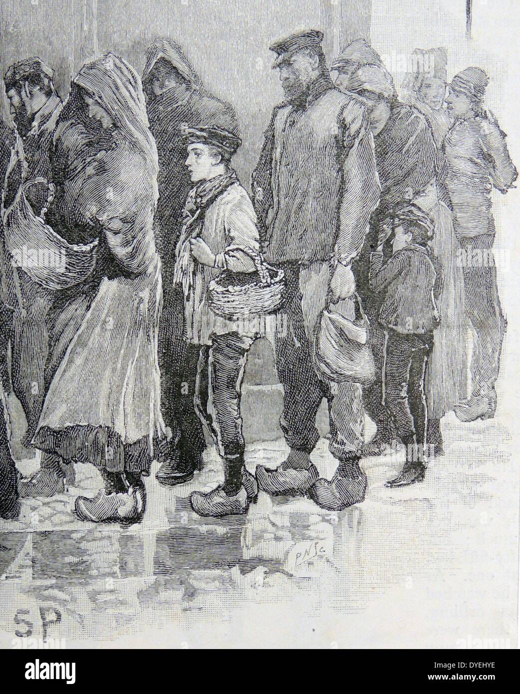Guerra franco-prussiana 1870-1871: accodamento per comprare cibo scarse durante l'Assedio di Parigi. Illustrazione per ''Il piccolo Spy'', un racconto di Alphonse Daudet pubblicato a Londra, 1891. Foto Stock