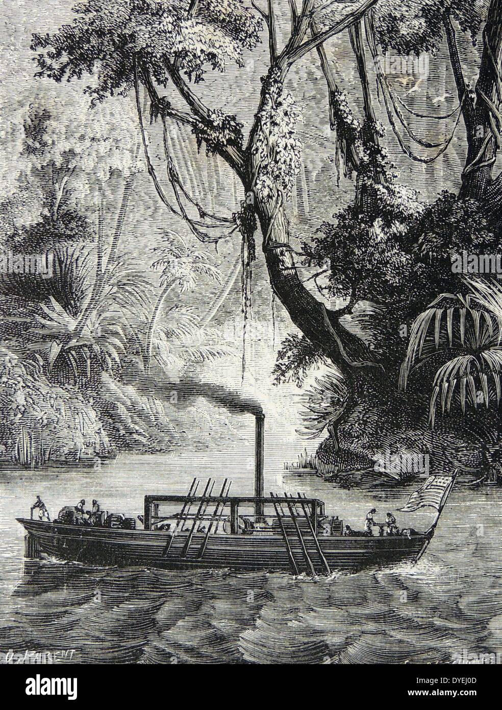 John Fitch il primo battello a vapore con sei pale verticali su entrambi i lati per il suo primo viaggio in Delaware nel 1788. John Fitch (1743-1793) inventore americano. Foto Stock