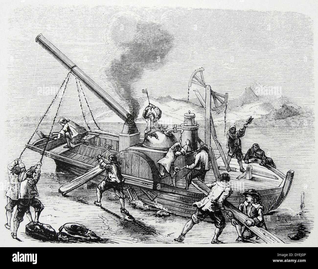 Fisico francese Denis Papin (1647-C1712) Steamboat di 1707 essendo devastata da piccoli battellieri sul Weser, che la vedevano come una minaccia per i loro posti di lavoro. Incisione, Parigi,1863. Foto Stock