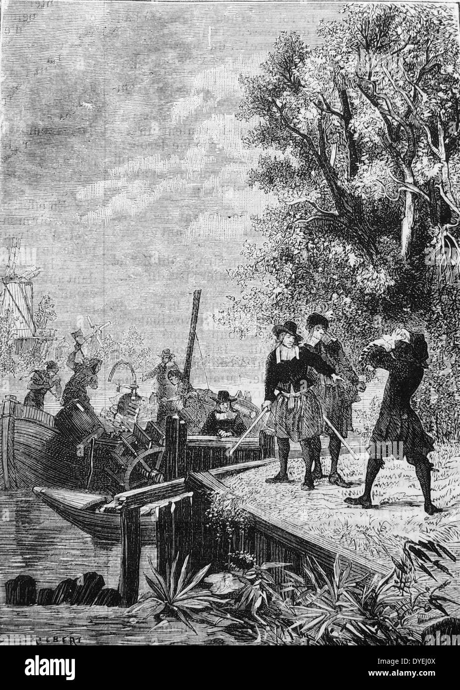 Fisico francese Denis Papin (1647-C1712) Steamboat di 1707 essendo devastata da piccoli battellieri sul Weser, che la vedevano come una minaccia per i loro posti di lavoro. Incisione, Parigi, c1870. Foto Stock