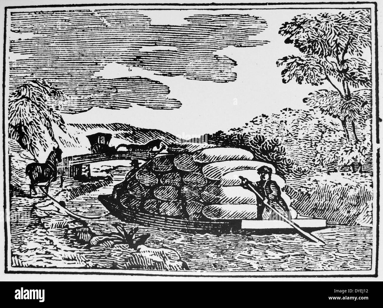 Blackstone Canal, tra Worcester, Massachusetts e Providence Rhode Island. A cavallo il chiatte che trasportano merci di cotone. Xilografia, Boston, 1833. Foto Stock
