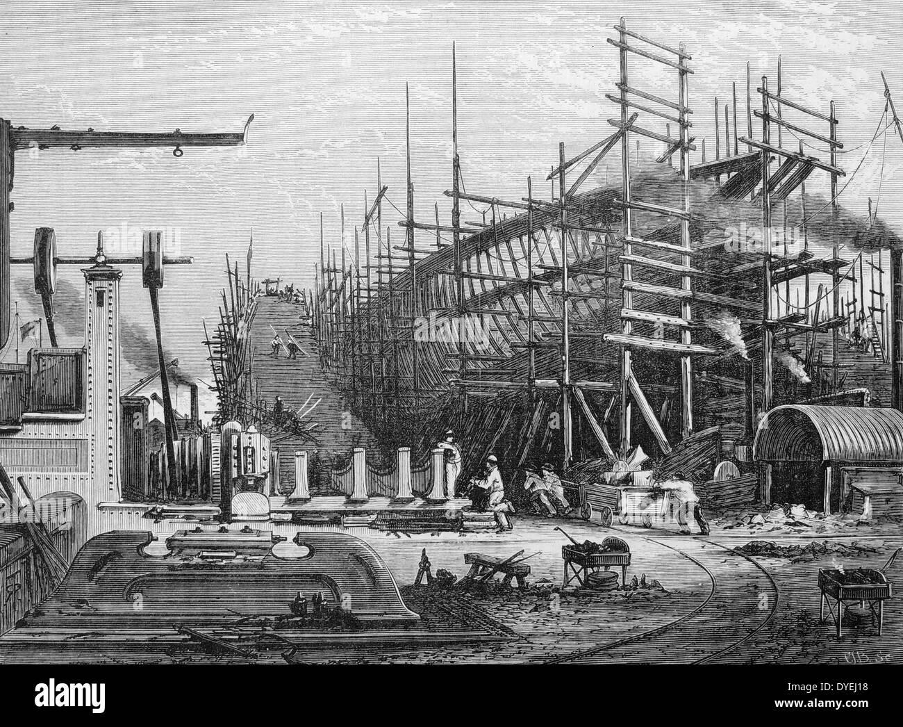 Il telaio di una nave di ferro sulle scorte al Samuda del cantiere navale, cubito di città, Isle of Dogs, Londra. Incisione, London, 1880 Foto Stock