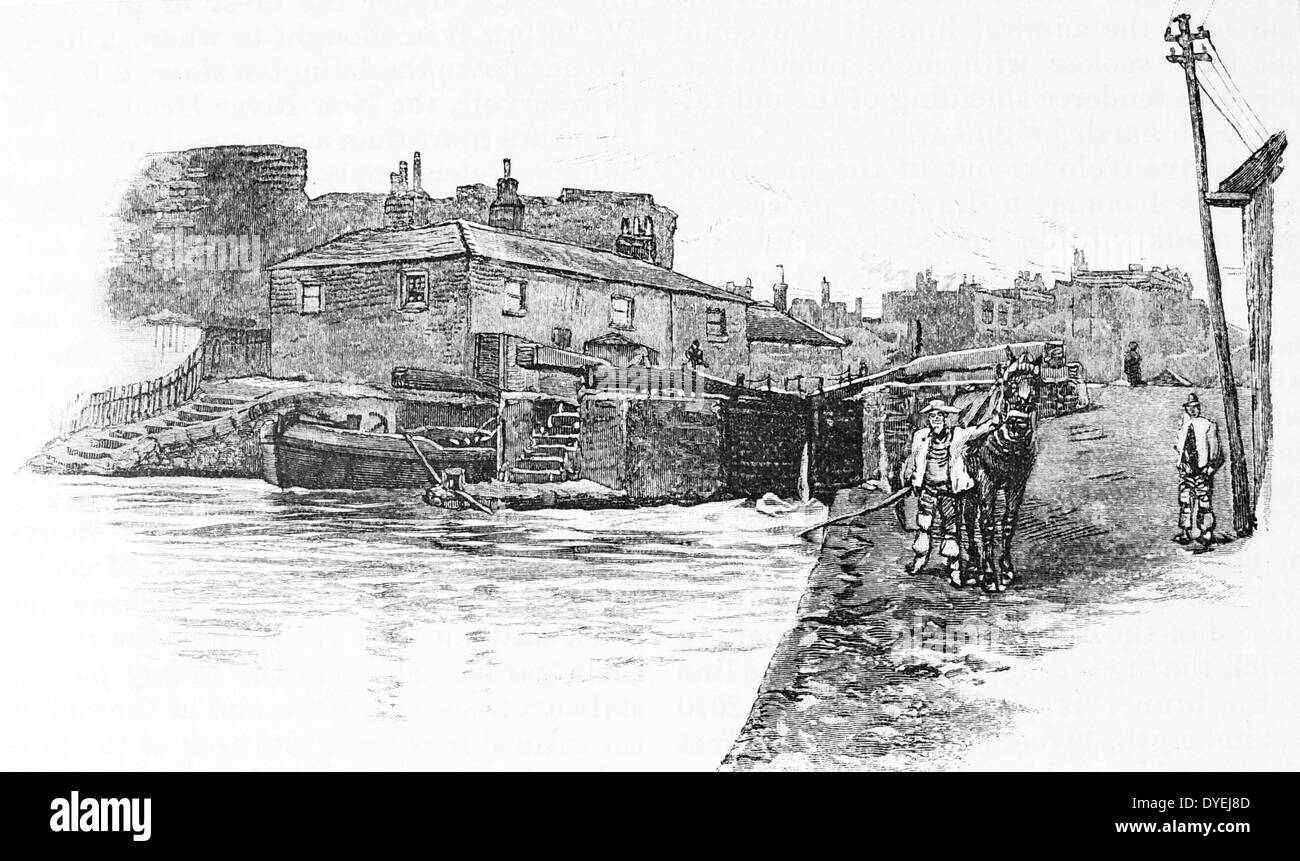 Regent's Canal, Londra: Barge passando attraverso la città di blocco stradale. Incisione, Londra, 1885. Foto Stock