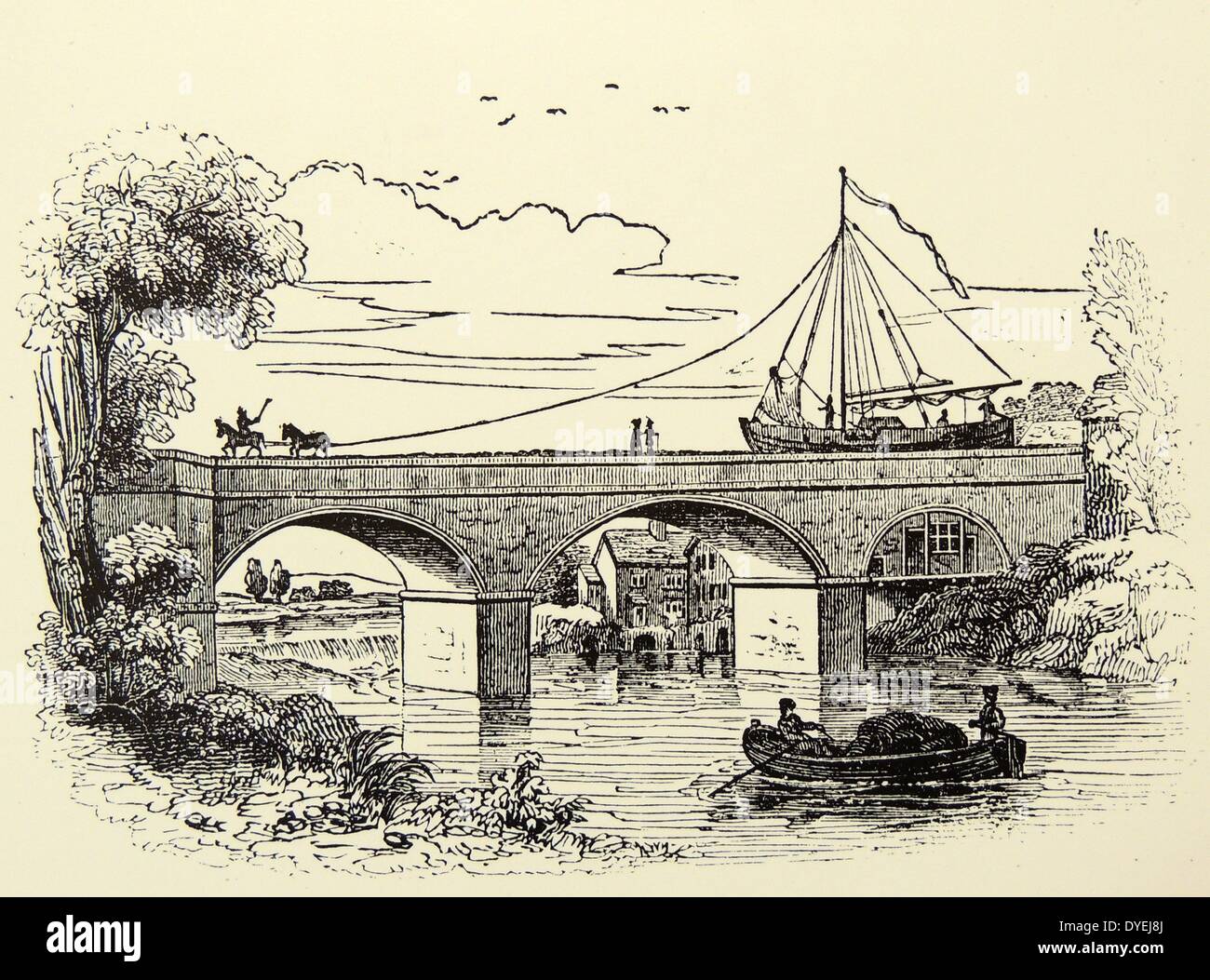 A cavallo il barge incrocio sulla Barton viadotto sul fiume Irwell sul Duca di Bridgewater Canal, costruito da James Bindley. Incisione, Londra, 1836. Foto Stock