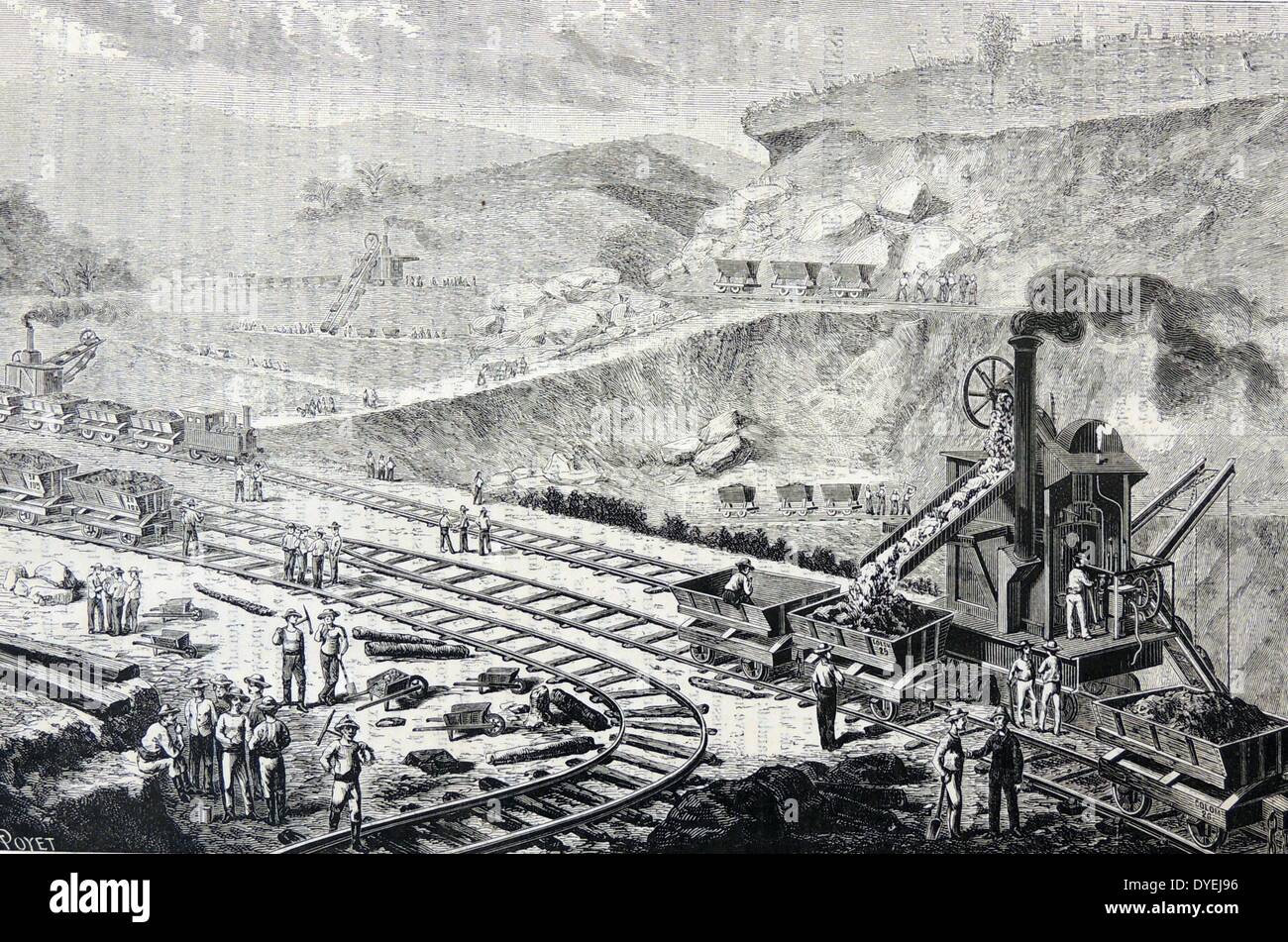 Steam-powered escavatore terra essendo utilizzato durante il French Panama Canal Company è un tentativo di costruire il canale 1880-C1890. Enterprise guidato da Ferdinando de Lesseps. Incisione dall ''La natura", Parigi, 1888. Foto Stock