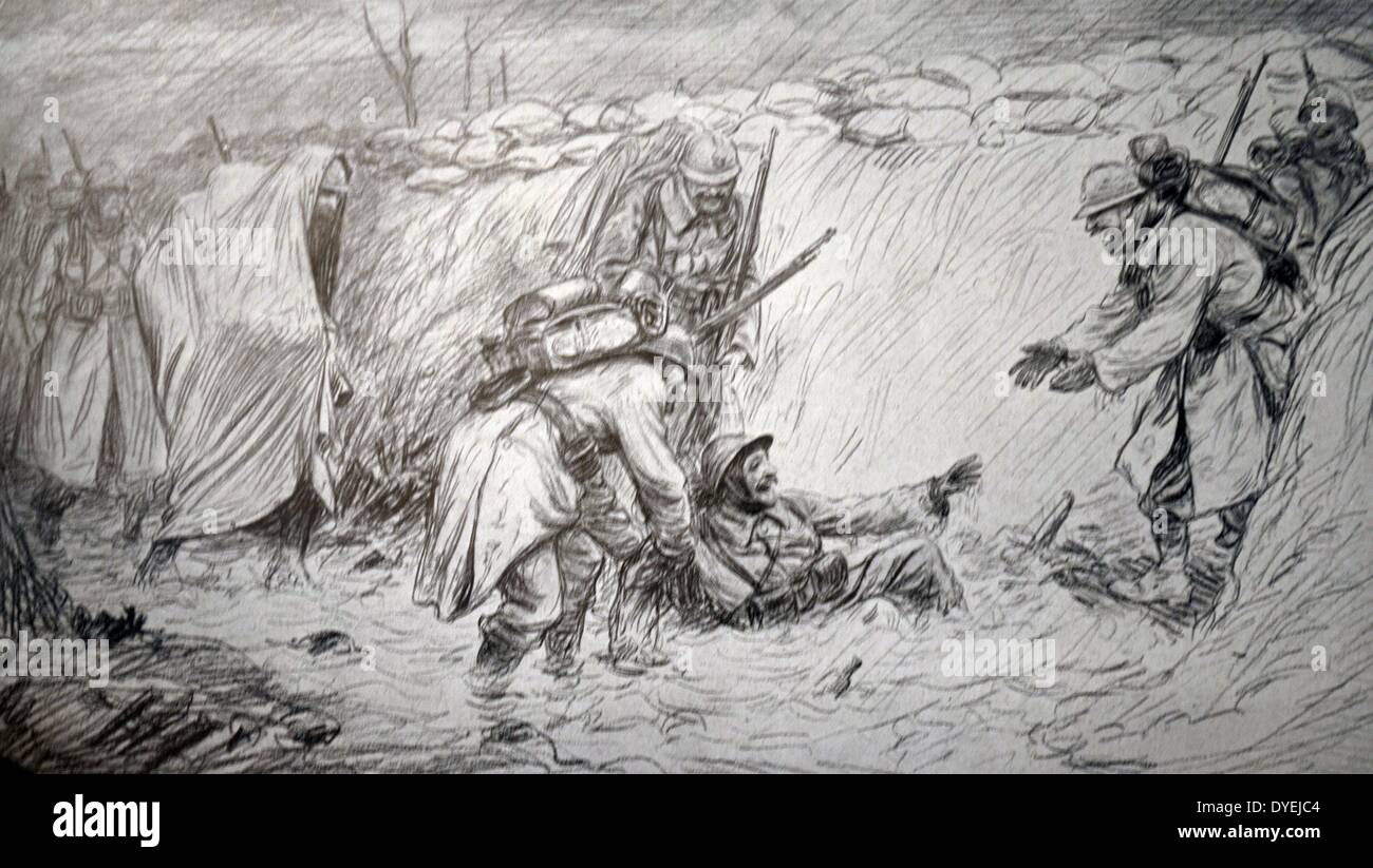 Satirico francese cartoon raffiguranti umorismo della vita dei soldati francesi nelle trincee di Nortehrn Francia durante la guerra mondiale I. 1915 Foto Stock