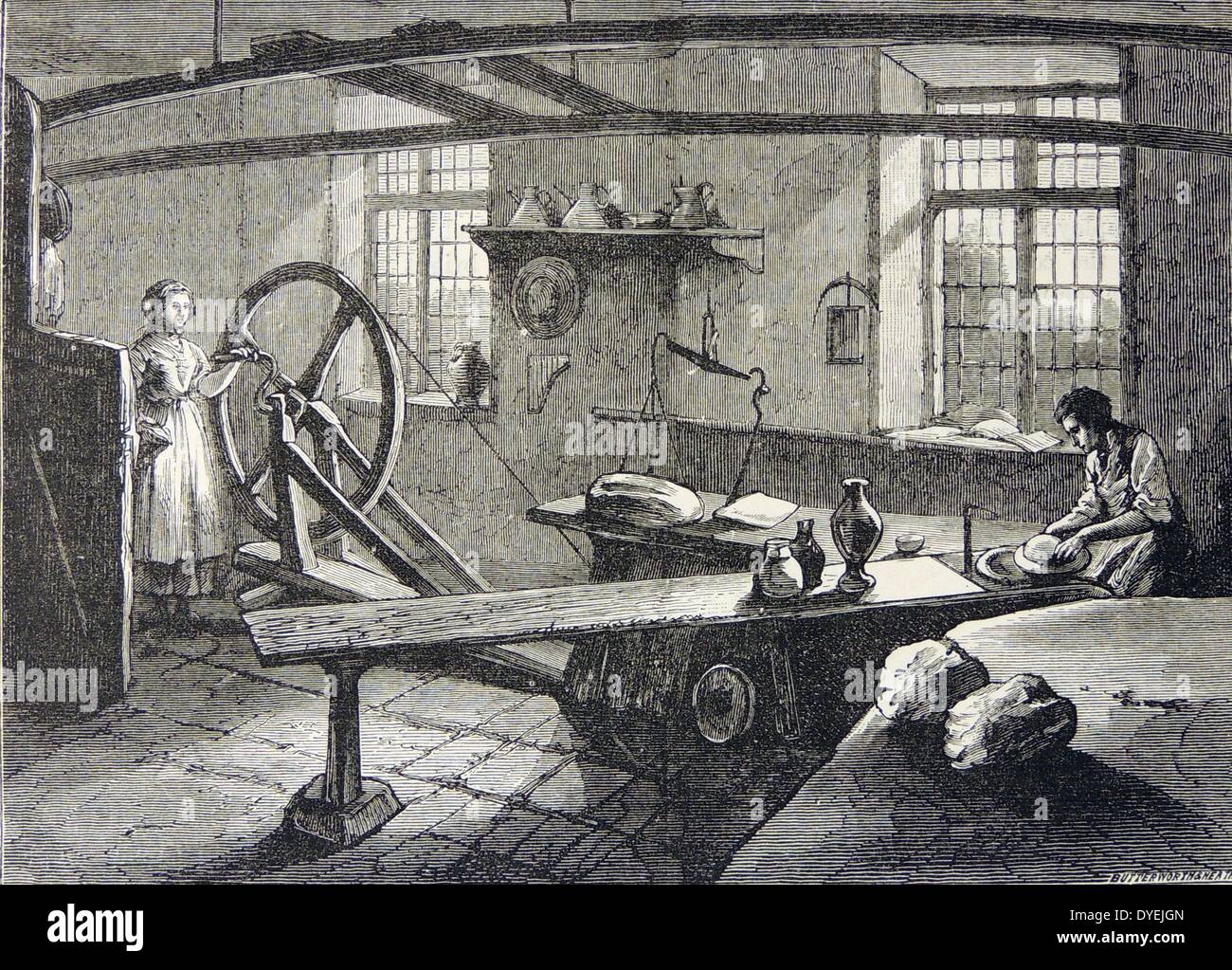 Artista della impressione di Josiah Wedgwood (1730-1795), inglese potter, al lavoro nei primi giorni della sua carriera. Incisione, Londra, 1880. Foto Stock