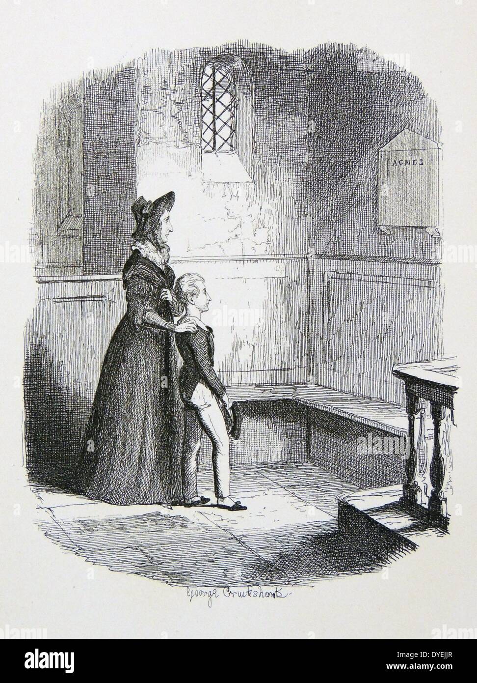 Rose Maylie, Oliver della zia, gli mostra di sua madre memorial nella chiesa. George Cruikshank illustrazione per ''Oliver Twist", Foto Stock