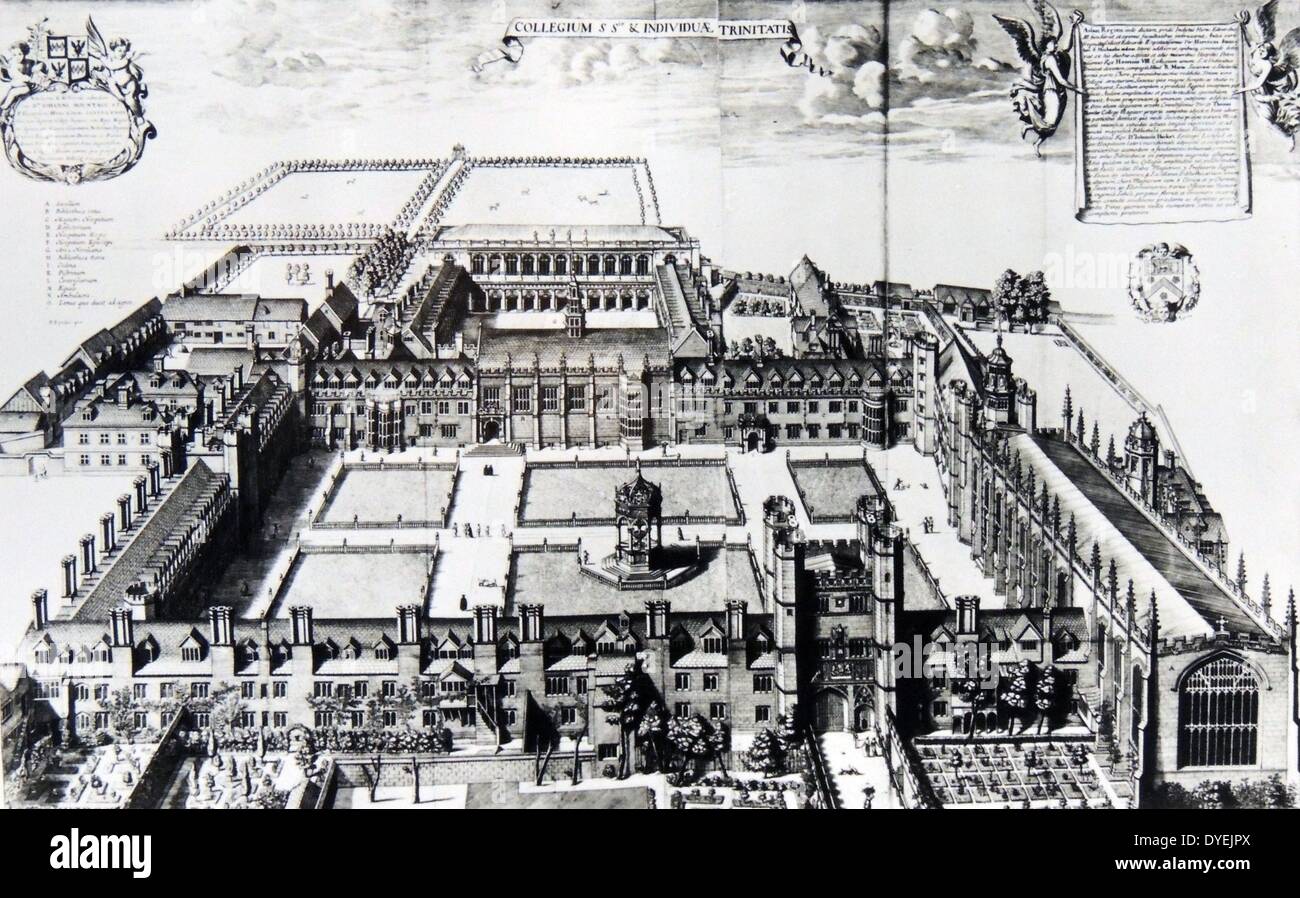 Trinity College in città e università di Cambridge. raffigurato in un David Loggan stampa di 1690 mostra Nevile della grande corte (in primo piano) e Nevile's Court con la nuova libreria di Wren (fondo) Foto Stock