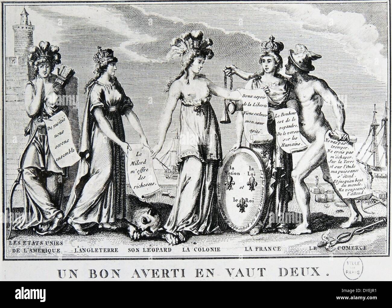 Un bon averti en vaut deux (prevenuto è prevedere), una rivoluzione francese allegoria raffigurante America e Inghilterra che competono per l'attenzione della Francia. 1789 Foto Stock