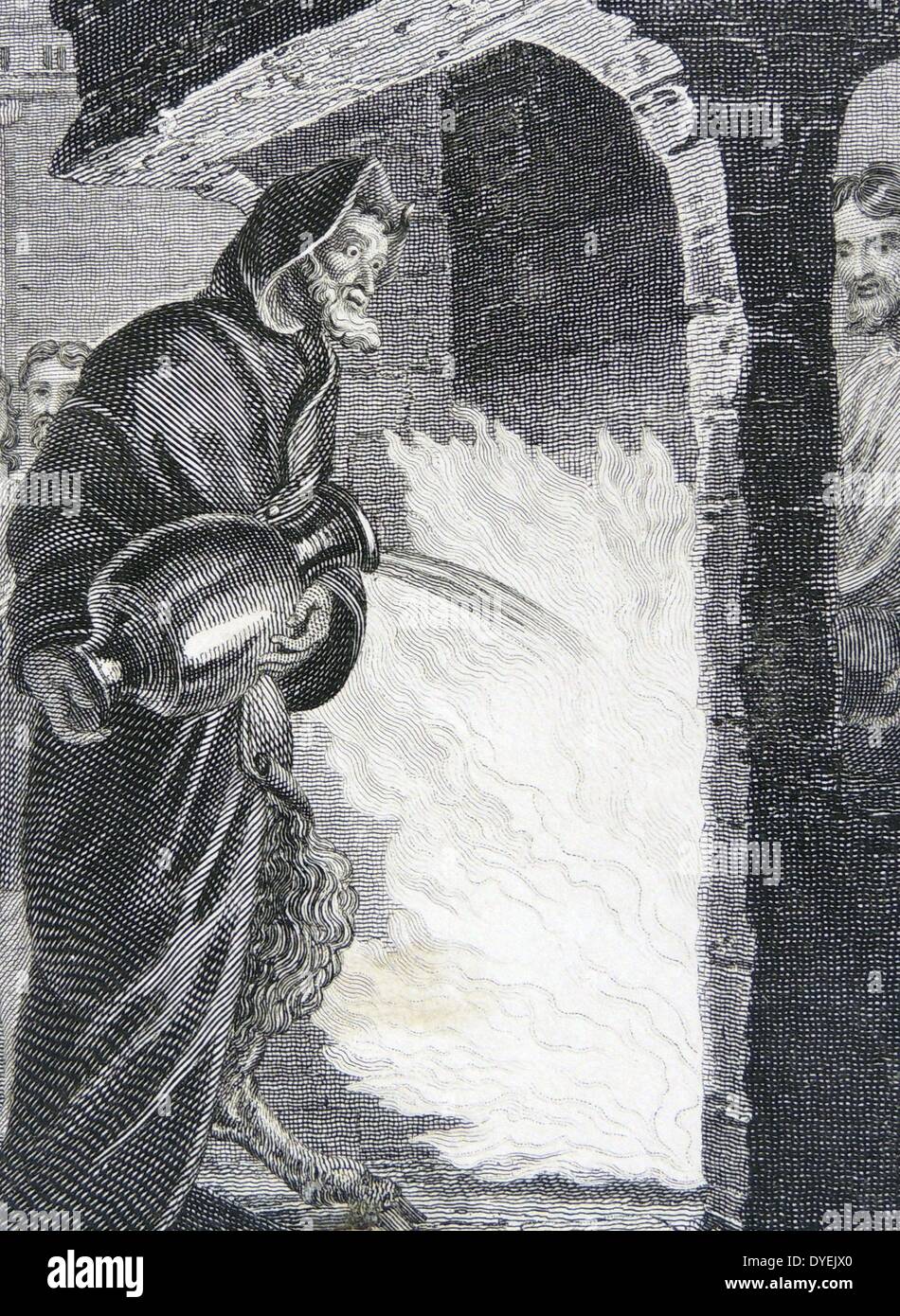 Il diavolo, nel mantello con cappuccio per nascondere le sue corna e selvaggi zoccoli, cercando di estinguere il fuoco purificatore di grazia. Illustrazione di William Marshall Craig (C1765-c1834) da un 1832 edizione della allegoria cristiana ''l'Pilgrim's Progress " da John Bunyan pubblicato per la prima volta nel 1678. Foto Stock