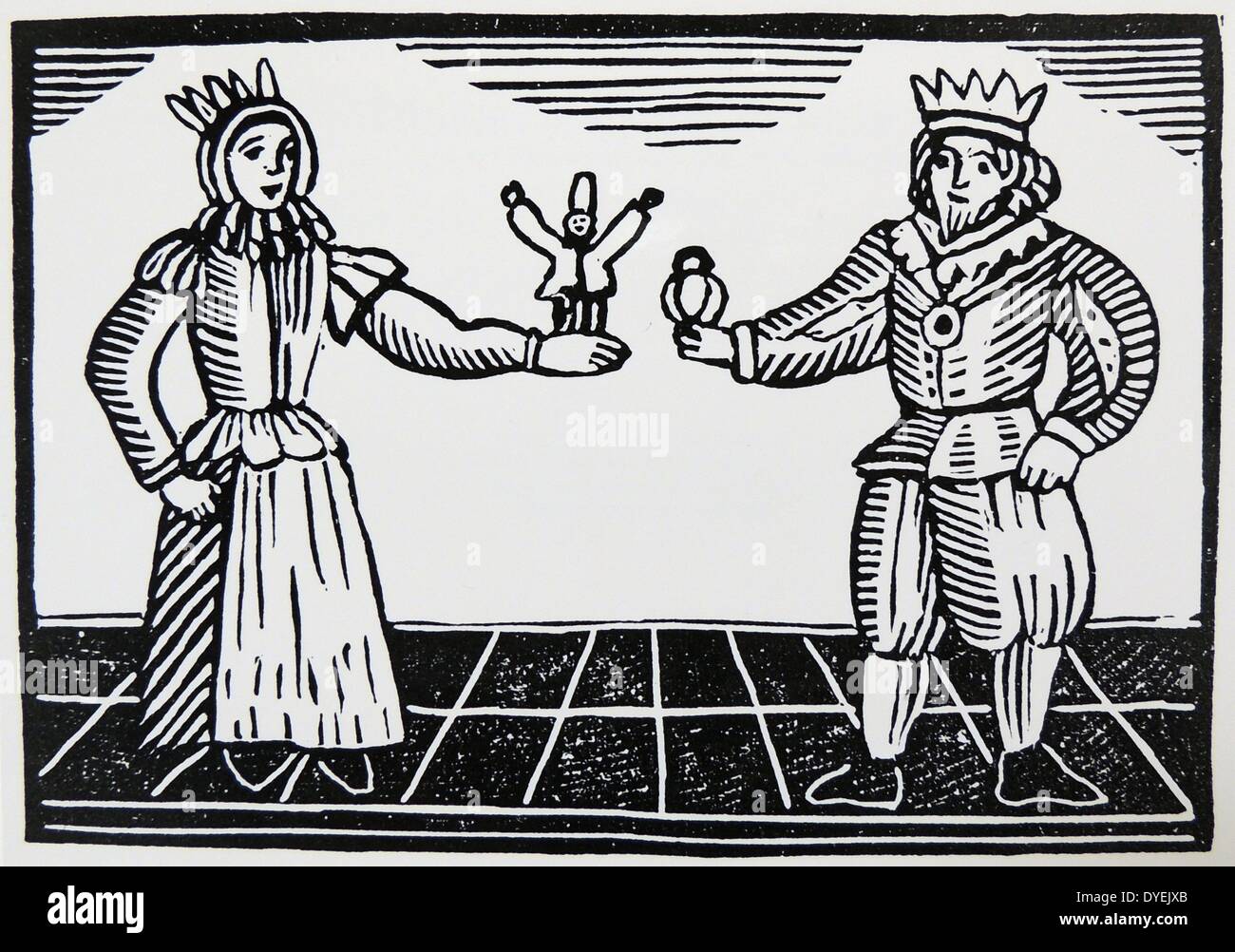 'La famosa storia di Tom Thumb'' Tom danze sulla Queen e King Arthur gli dà un anello sigillo che indossa come una cintura. Fine del XVIII secolo la xilografia. Foto Stock