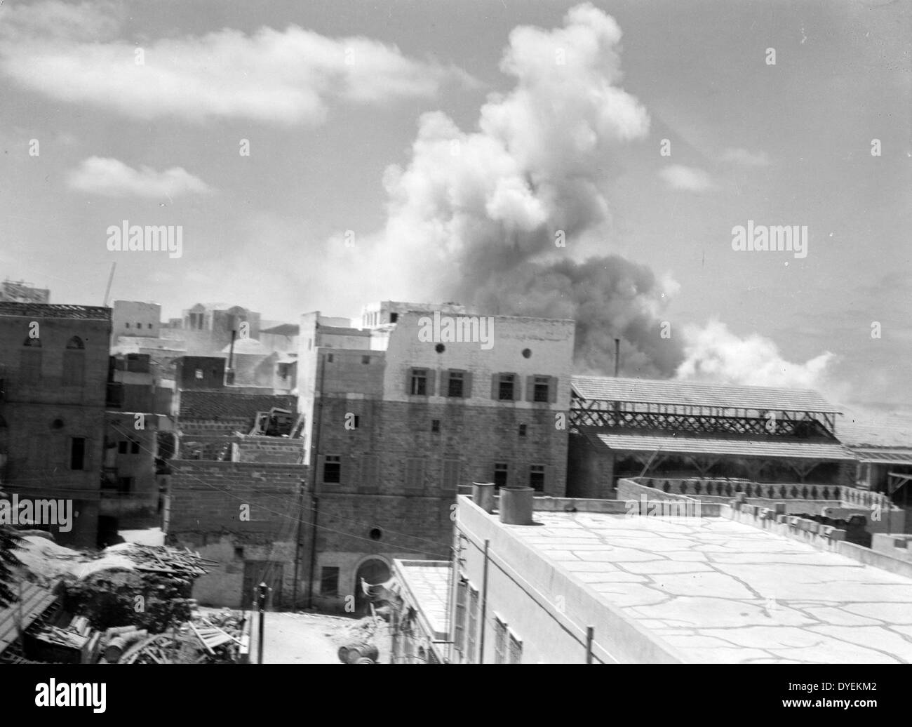 Disturbi della Palestina durante l'estate 1936. Jaffa Tel Aviv. Baraccopoli Dynamiting sezioni 1936. Foto Stock