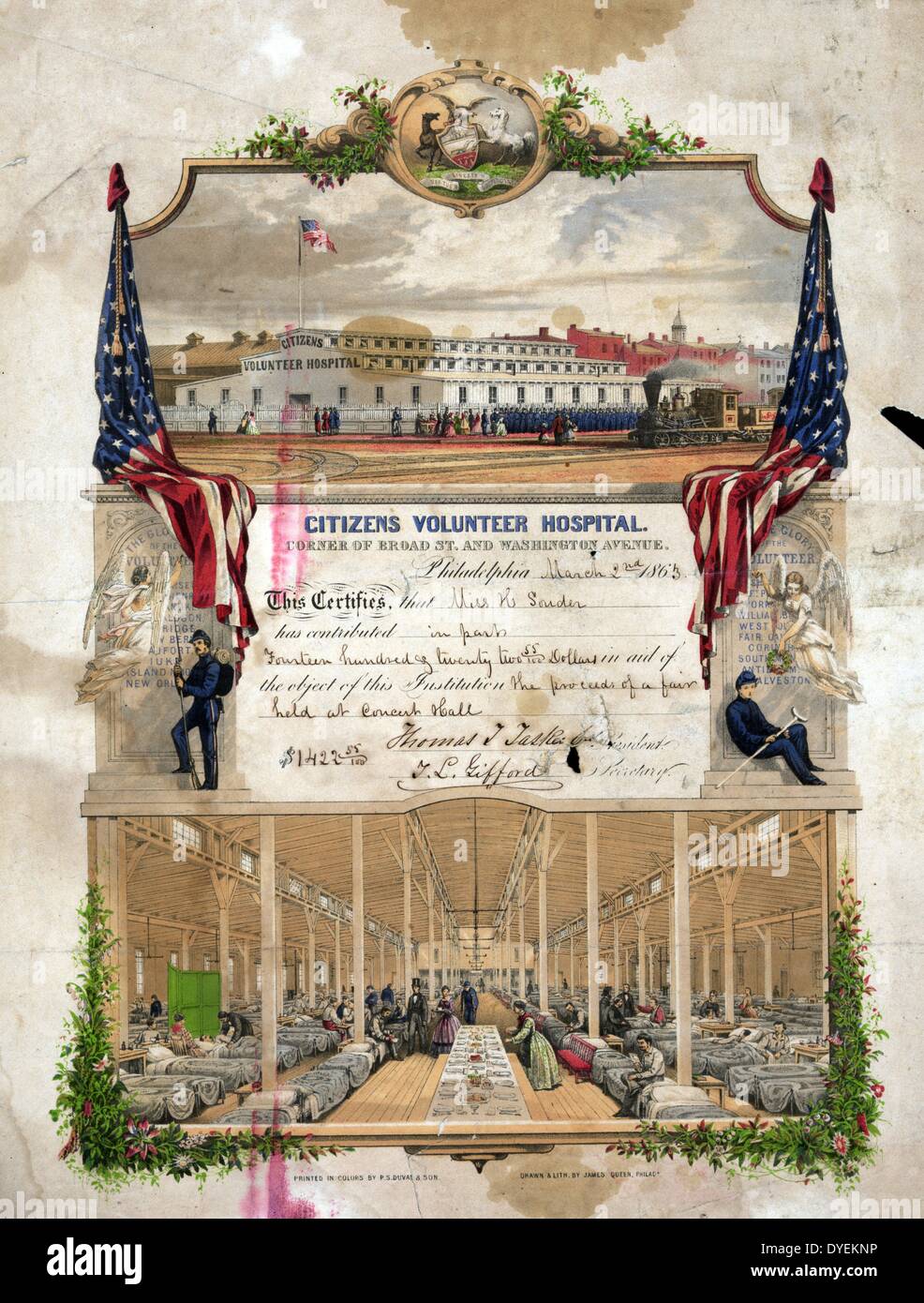 Cittadini volontari ospedalieri - angolo di Broad Street e Washington Ave. Pubblicato 1863. Stampa mostra una vista esterna dell'ospedale da sulla strada di fronte, al di là dei binari della ferrovia con locomotiva avvicinando, e con i pedoni e i soldati in piedi sul marciapiede sul lato dell'edificio, angolo di Broad Street e Washington Avenue, Philadelphia. Foto Stock