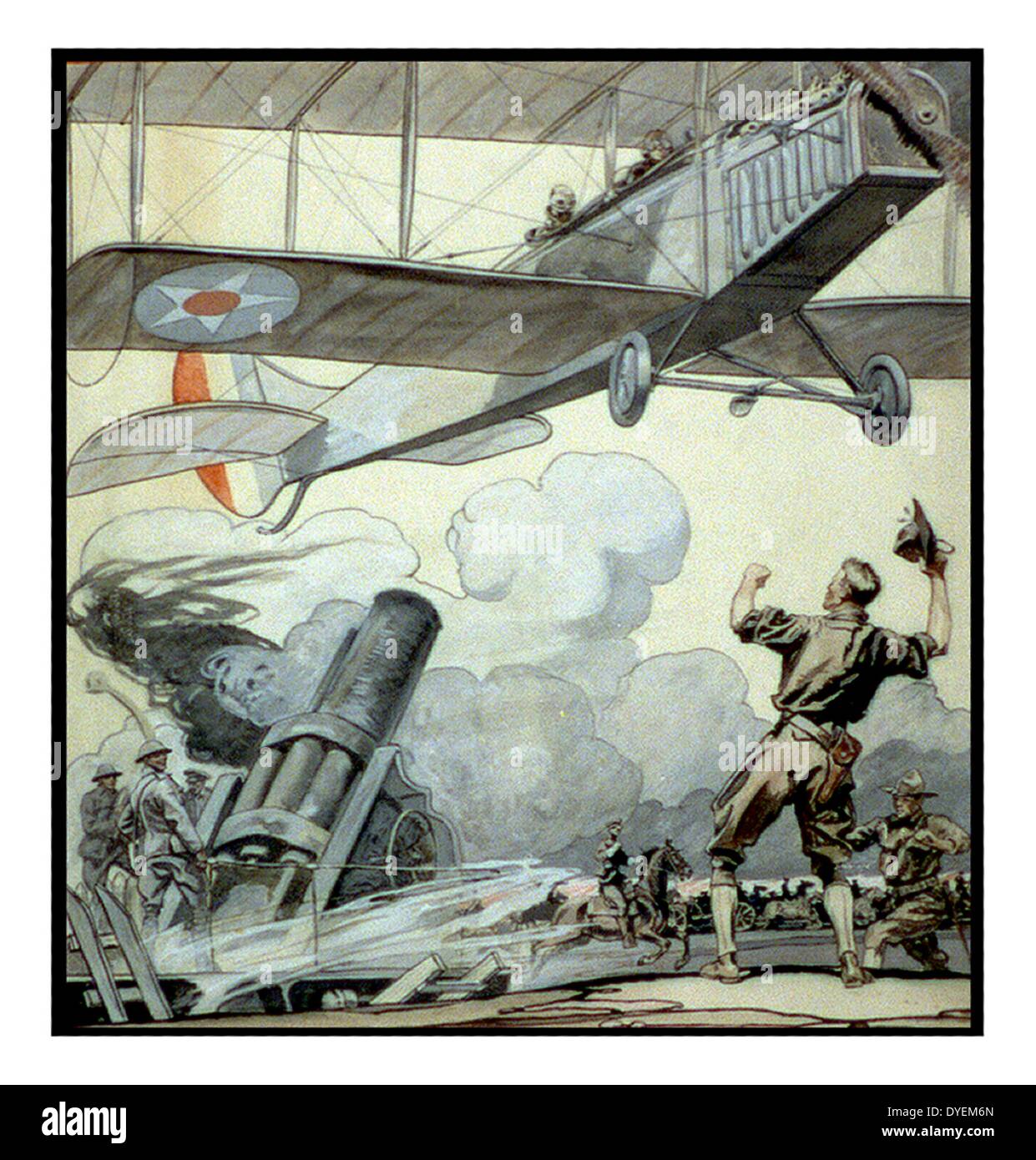 La prima guerra mondiale, illustrazione aereo, artiglieria pistola, e soldati da Edward Penfield 1866-1925, artista pubblicato 1917. Foto Stock