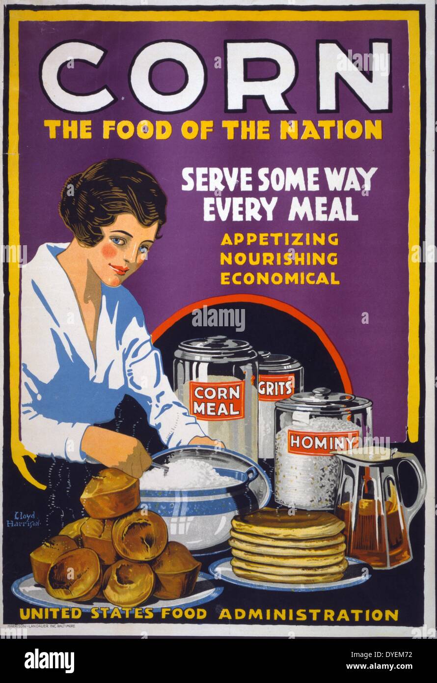 Mais - il cibo della nazione servire in qualche modo ogni pasto - gustosa e nutriente, economico [1918]. La Prima Guerra Mondiale la propaganda americana Poster raffigurante una donna che serve deliziosi muffin, frittelle e graniglie, con i contenitori sul tavolo etichettati di farina di mais, graniglie e hominy. Foto Stock