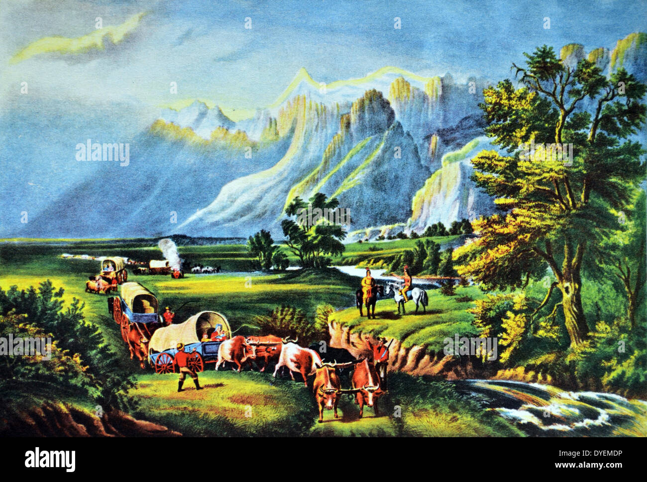 Currier & Ives illustrazione del XIX secolo. Le Montagne Rocciose, gli emigranti attraversando la Pianura Foto Stock