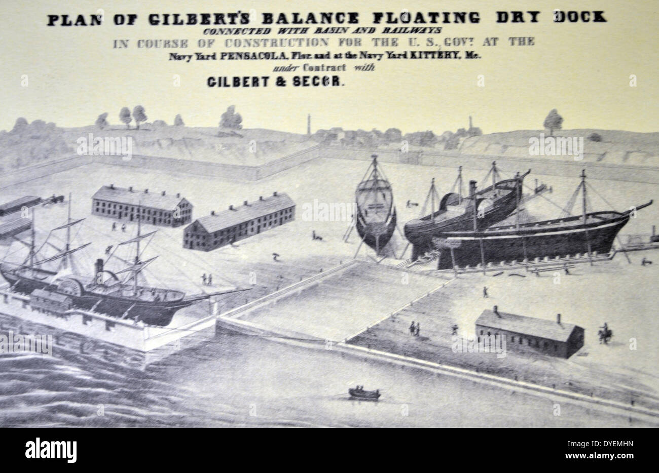 Currier & Ives illustrazione del XIX secolo piano di Gilbert della bilancia floating dock a secco Foto Stock