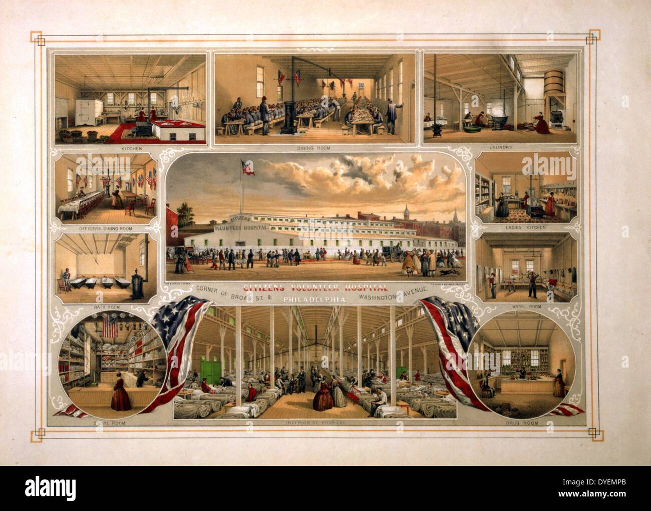 Cittadini ospedale volontario, angolo ampio St. & Washington Avenue, Philadelphia [tra il 1861 e il 1865]. litografia, colore. Vista esterna e dieci vedute interne dei cittadini ospedale volontario, Philadelphia. Foto Stock