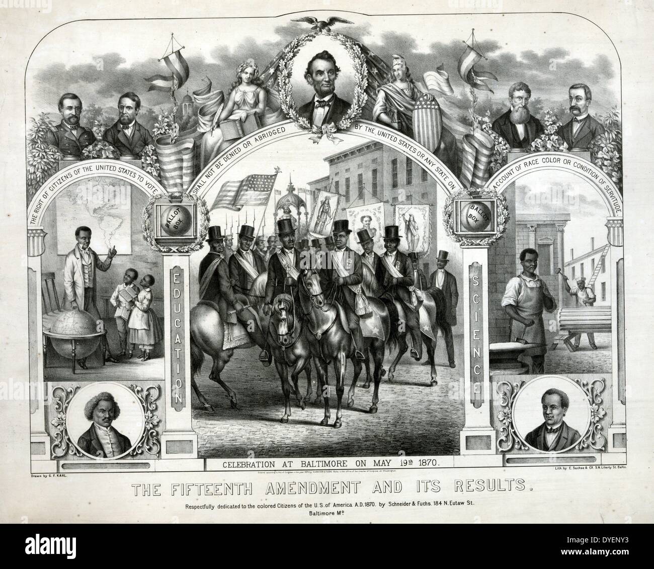 Il quindicesimo emendamento e i suoi risultati disegnati da G.F. Kahl 1870. che commemora la celebrazione a Baltimora della promulgazione della Foto Stock