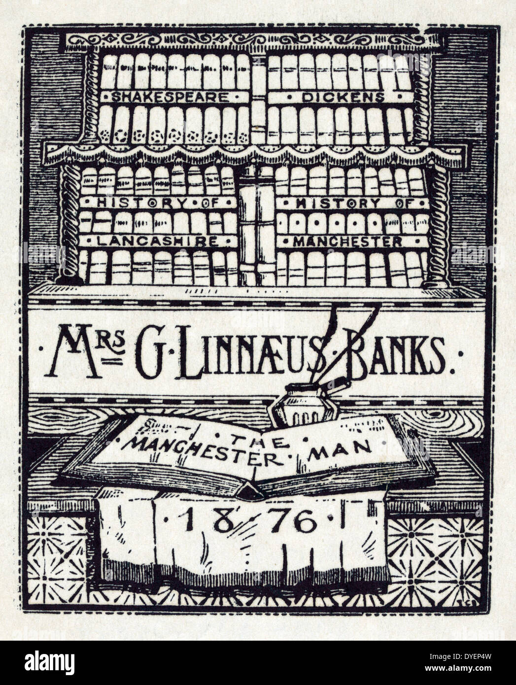 Ex libris di autore inglese, Sig.ra G. Linnaeus banche pubblicato 1876. Stampa mostra i libri sugli scaffali con la sig.ra Banca del libro "L'Uomo di Manchester", aperto su un tavolo in primo piano. Foto Stock