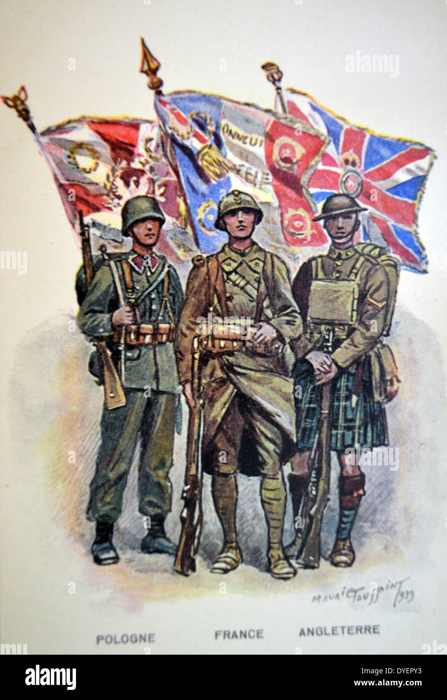 Il francese seconda guerra mondiale Cartolina che mostra i soldati e bandiere di Gran Bretagna, Francia e Polonia Foto Stock