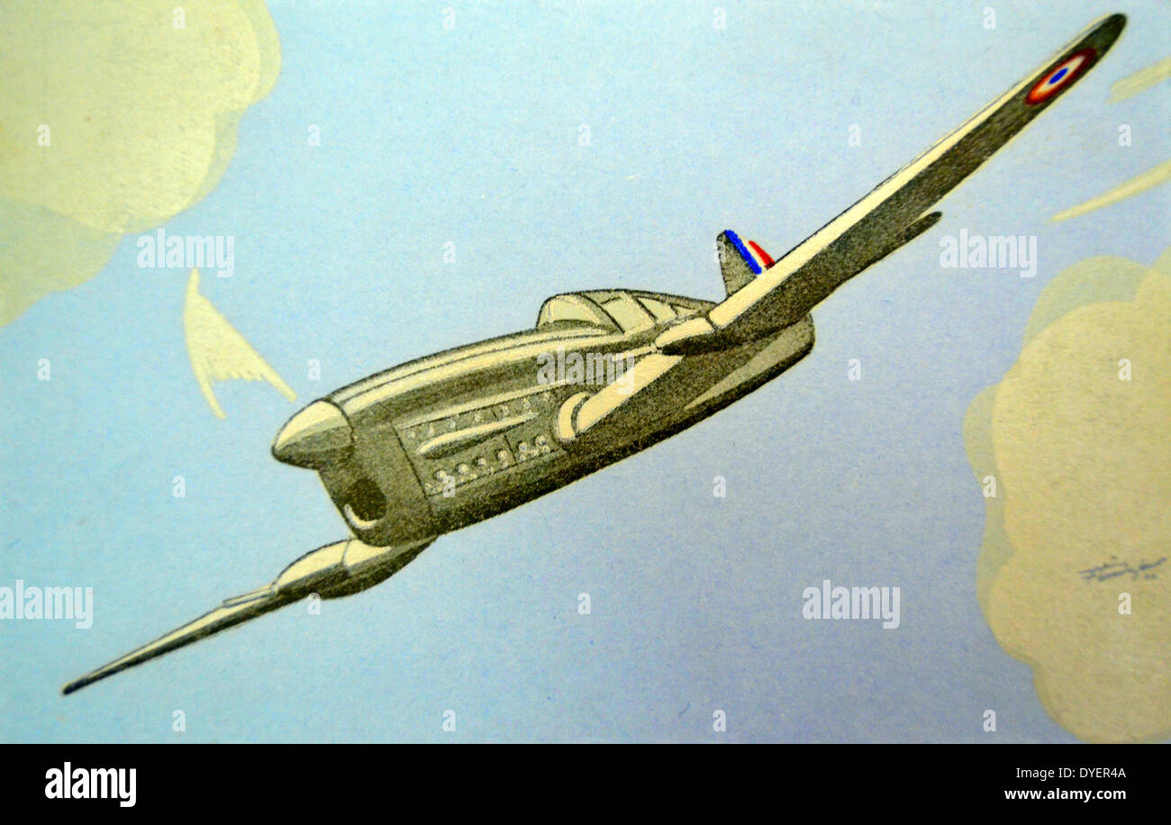 La Seconda Guerra Mondiale: francese cartolina raffigurante un francese Gérard Caudron 714 aeromobili. Il C.710 erano una serie di luce degli aerei da caccia sviluppato da Caudron-Renault per la francese Armée de l'aria appena prima dell inizio della Seconda Guerra Mondiale. Una versione, il c.714, vide una produzione limitata e sono stati assegnati ai piloti polacchi battenti in Francia dopo la caduta della Polonia nel 1939 Foto Stock