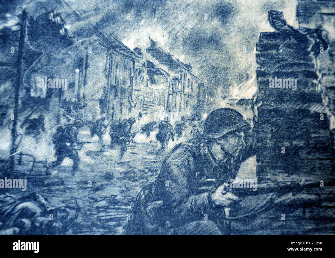 Il tedesco Seconda guerra mondiale Cartolina che mostra un attacco dalle forze armate tedesche su una città in Russia Foto Stock