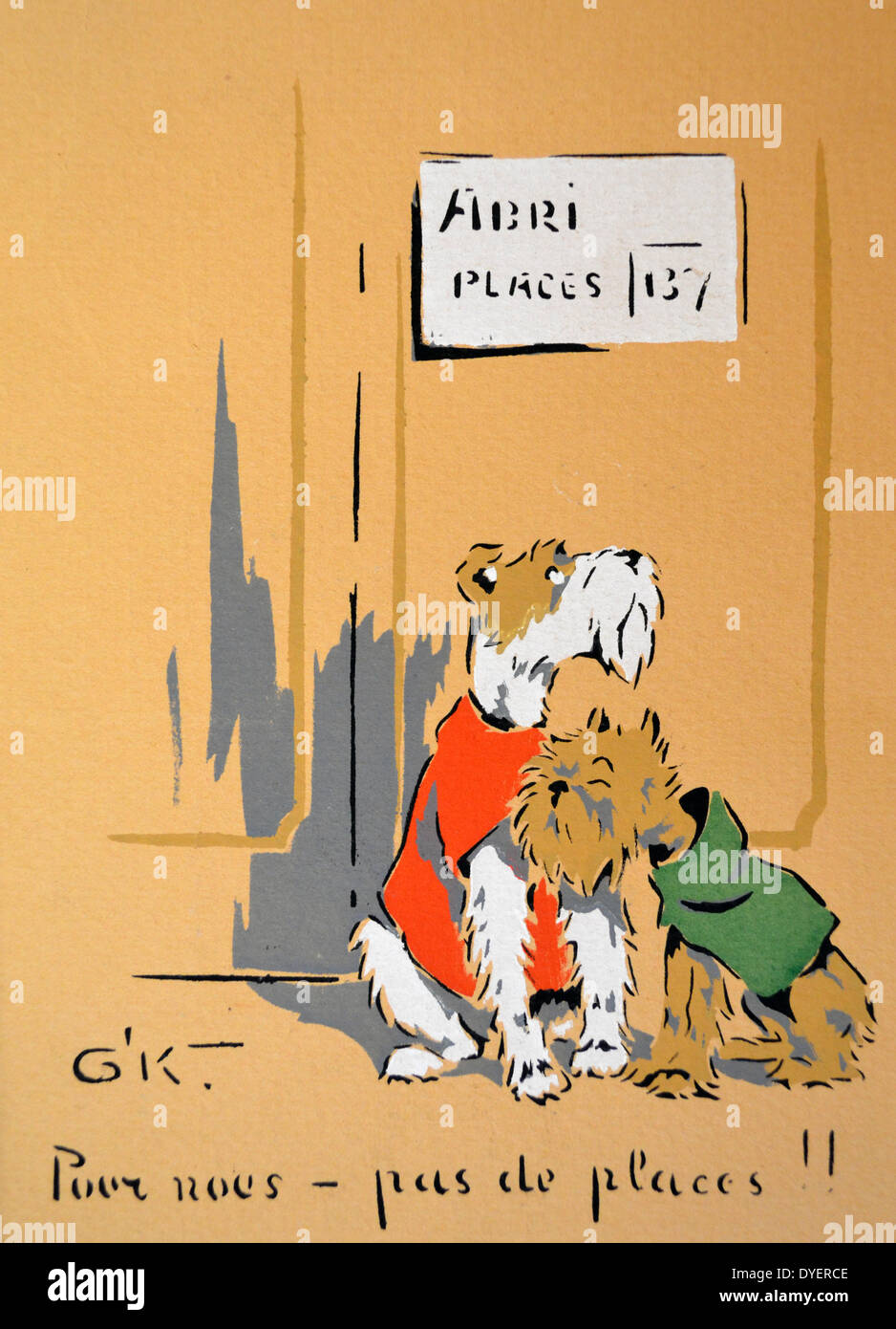 La Seconda Guerra Mondiale: guerra francese cartolina raffigurante due cani che non hanno un posto di rifugio Foto Stock