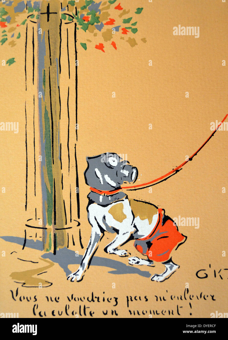 La Seconda Guerra Mondiale: guerra francese cartolina raffigurante un cane con una maschera a gas Foto Stock