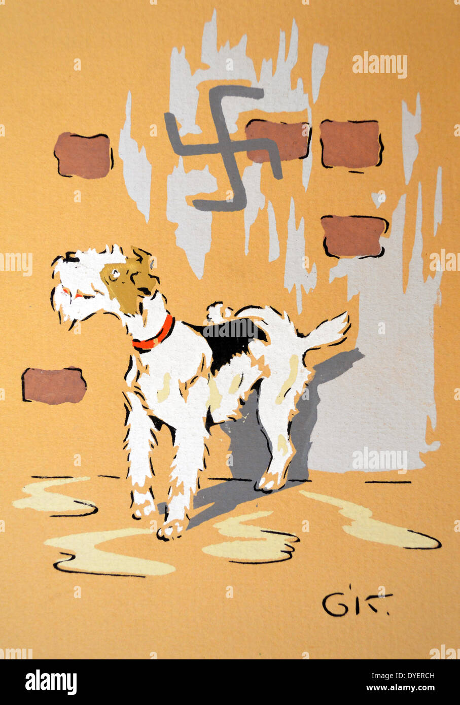 La Seconda Guerra Mondiale: guerra francese cartolina raffigurante un cane al di sotto di una parete portante una svastica Foto Stock