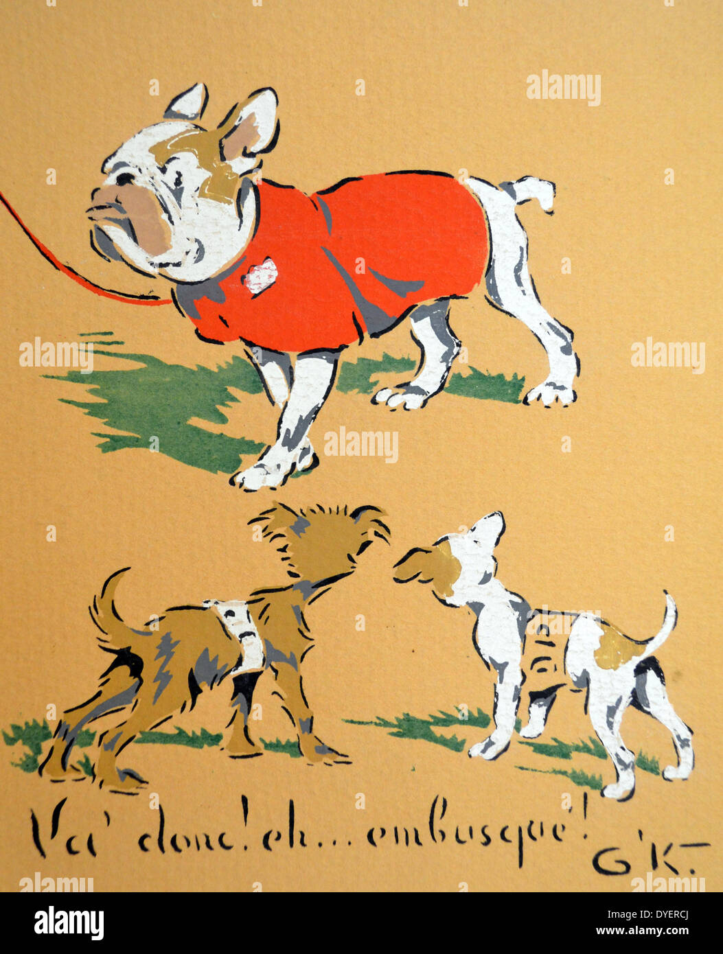 La Seconda Guerra Mondiale: guerra francese cartolina raffigurante tre cani Foto Stock