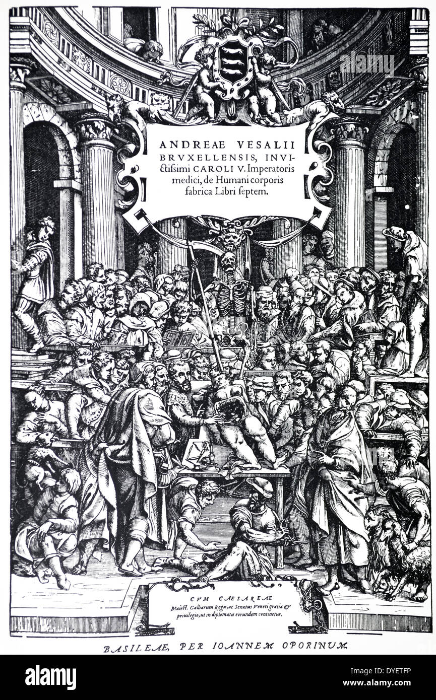 Titolo pagina per la seconda edizione della 'De Humani Corporis Fabrica' da Andreas Vesalius, (1514-1564), la piastra 3, 1555. Foto Stock