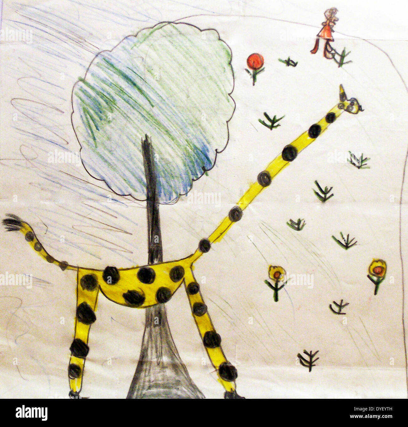 Bambino Art. Immagine di una giraffa da una ragazza di età compresa tra i sette. Foto Stock