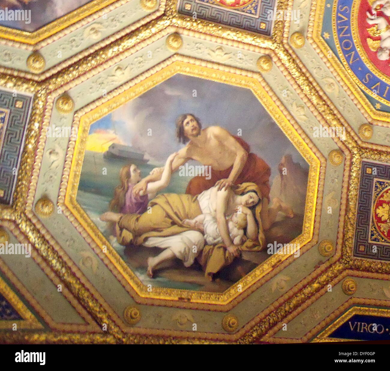 Dettaglio dai Musei Vaticani, una immensa collezione di classici, capolavori rinascimentali ecc. Fondata all'inizio del XVI secolo da papa Giulio II sono considerati alcuni dei più grandi musei del mondo. Questa immagine mostra una porzione delle meravigliosamente il soffitto dipinto. Foto Stock