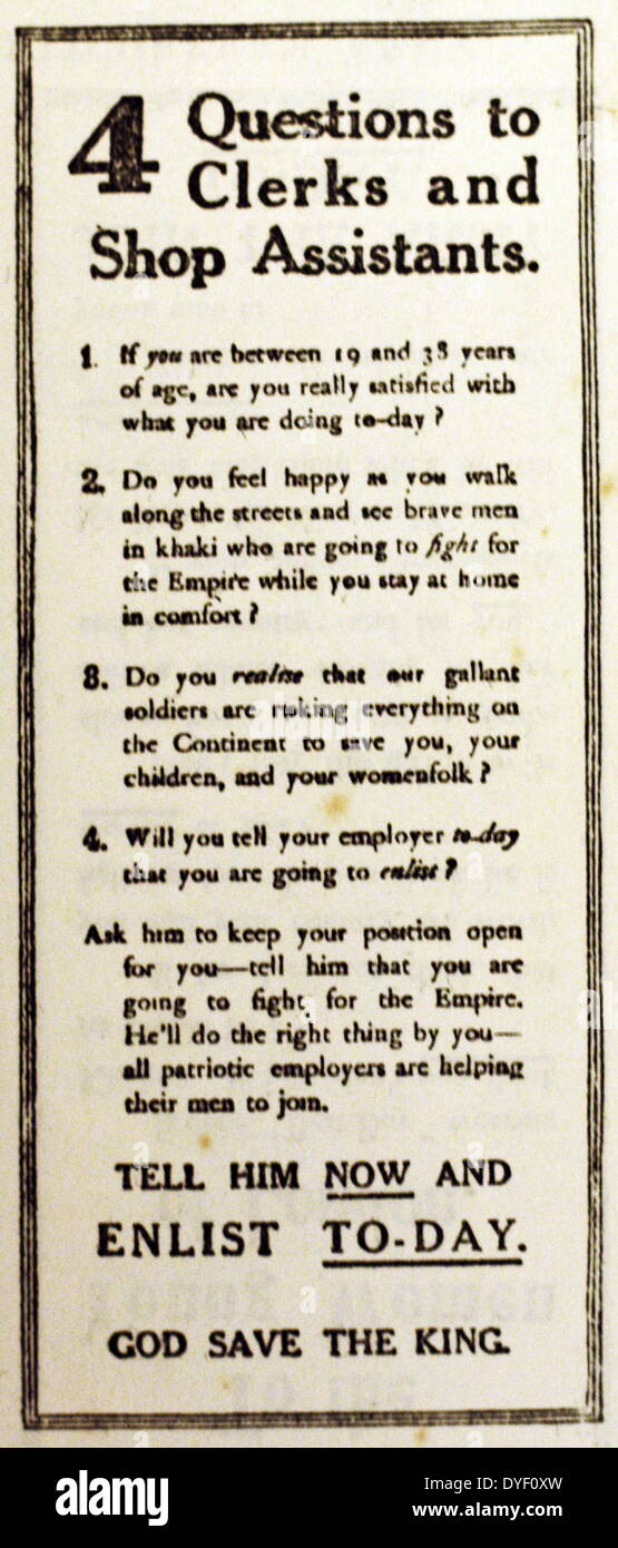 British arruolamento propaganda dalla prima guerra mondiale. Attraente per dati demografici specifici di persone di unire le forze armate. Questo appello di stampa si siede tra molti altri che ha parlato direttamente alle donne, negozianti, Irlandesi, uomini, Gallese uomini etc. Circa agli inizi del XX secolo. Foto Stock