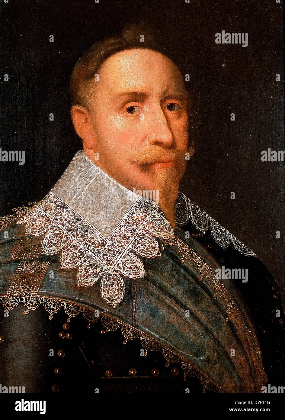 La pittura di Gustav II Adolf, noto in inglese con il suo nome latinizzato Gustavo Adolfo, o come Gustavo Adolfo il grande. Vissuto tra il 9 dicembre 1594 - 6 novembre 1632, e fu il Re di Svezia dal 1611 al 1632. Accreditato come il fondatore della Svezia come un grande potere che ha portato alla Svezia di supremazia militare durante la Guerra dei Trent'anni. Spesso considerato come uno dei più grandi di comandanti militari di tutti i tempi egli ha contribuito a determinare la politica e religiosa di equilibrio di potere in Europa. Olio su tela. Foto Stock