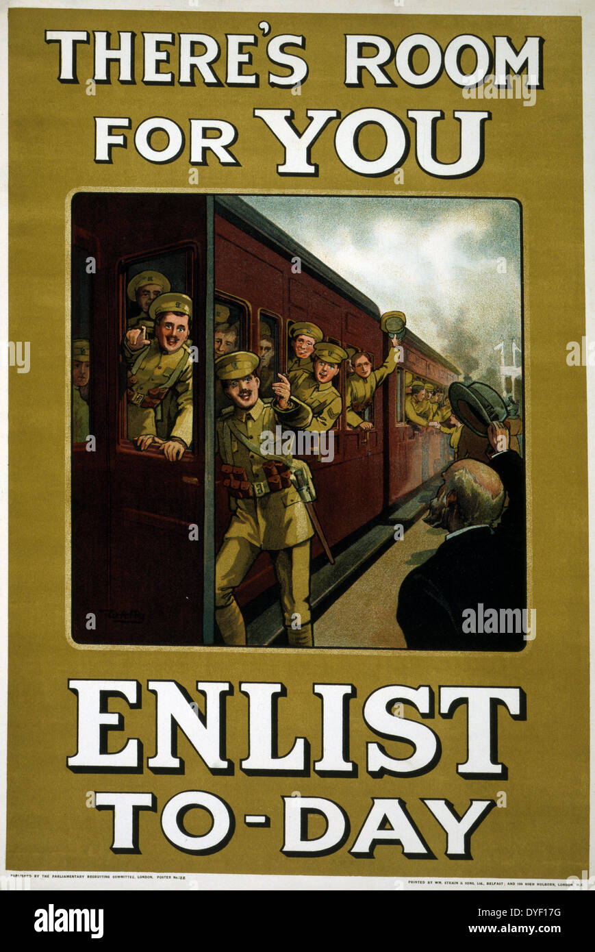 Ci è stanza per voi. Arruolarsi per giorno di guerra mondiale un poster di reclutamento, pubblicato da il parlamentare COMITATO D' ASSUNZIONE, 1915. Poster che mostra i soldati di salire a bordo di un treno, gesti per gli altri ad unirsi a loro. Foto Stock
