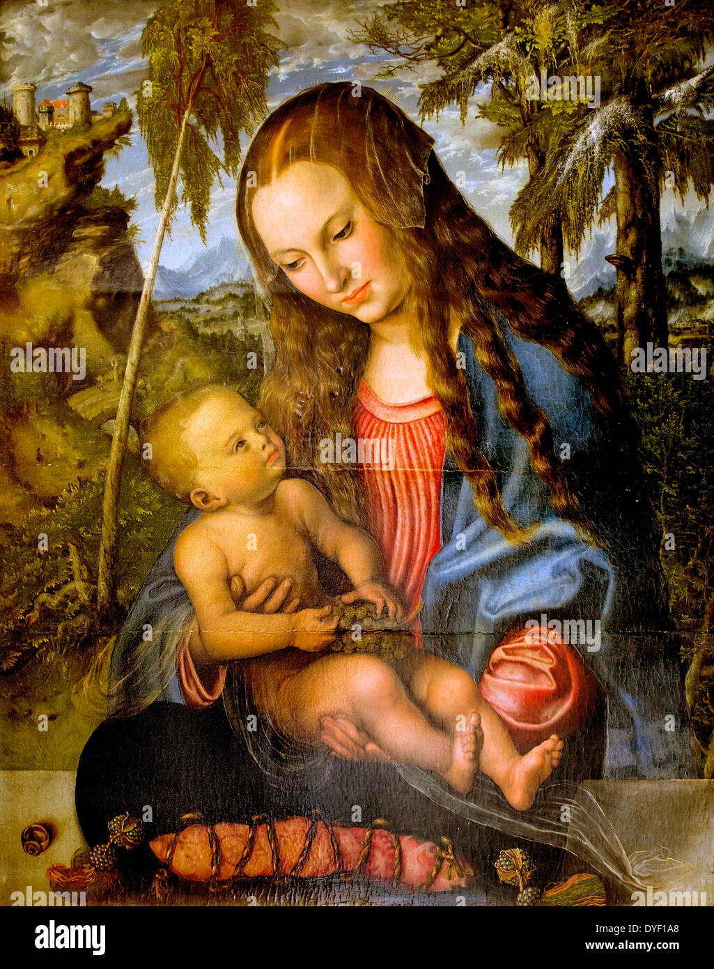 Madonna sotto il cipresso, dipinta da Lucas Cranach il Vecchio (noto anche come Lucas Cranach der Ältere). Vissuto tra il 1472-1553. Un artista del Rinascimento tedesco e printmaker in xilografia e incisione del XVI secolo. Foto Stock